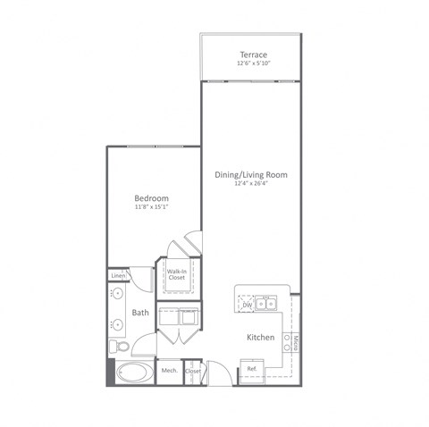 Floor plan for 1 bed, 1 bath, 869 sqft